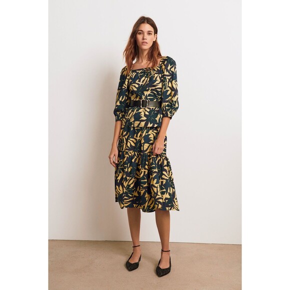 Ba&amp;Sh Wendy Leaf-Print Midi Skirt &amp; Top Set Flared Pull-On Cotton S NEW 255213